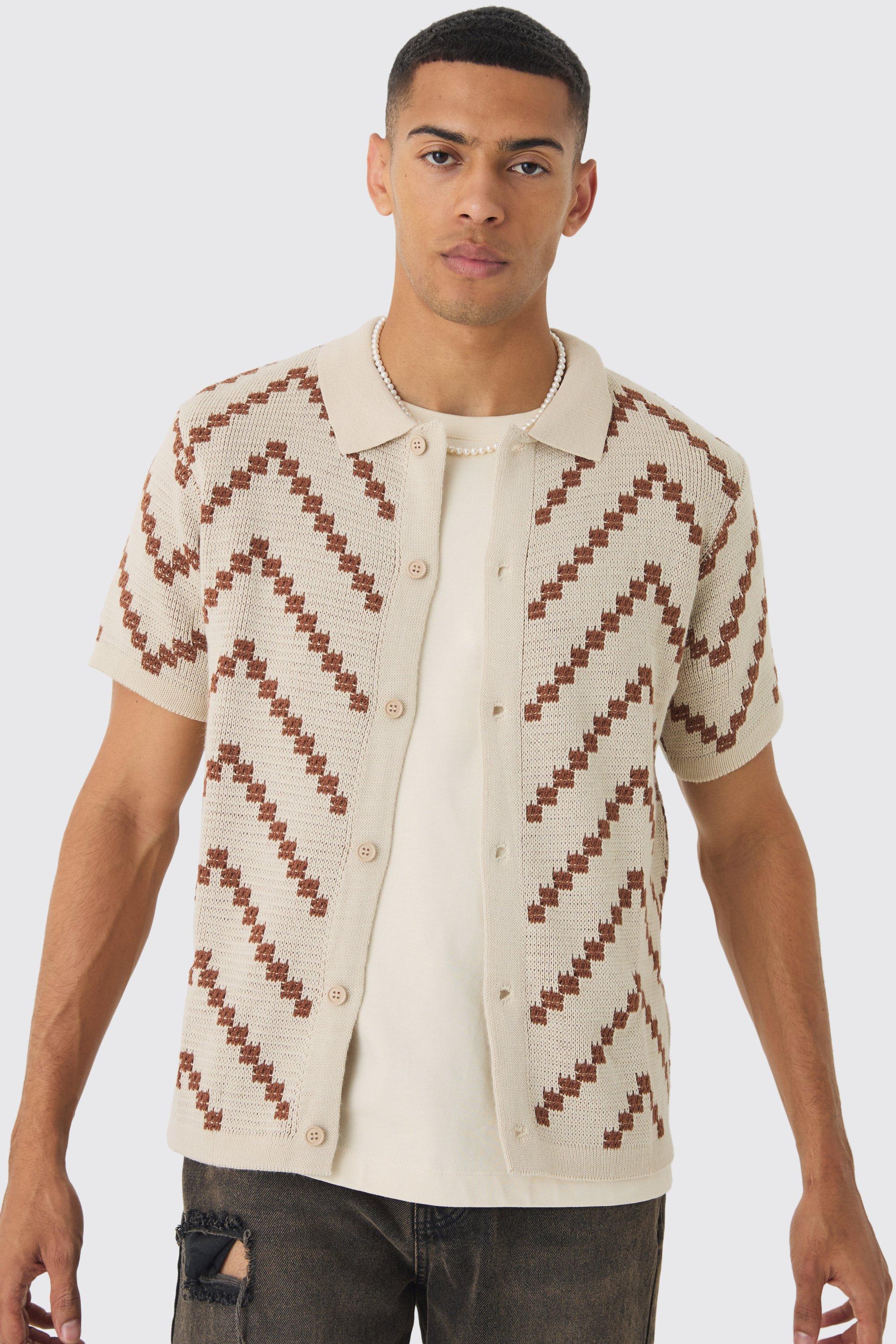 Open Stitch Button Down Knitted Shirt In Cream | boohooMAN USA