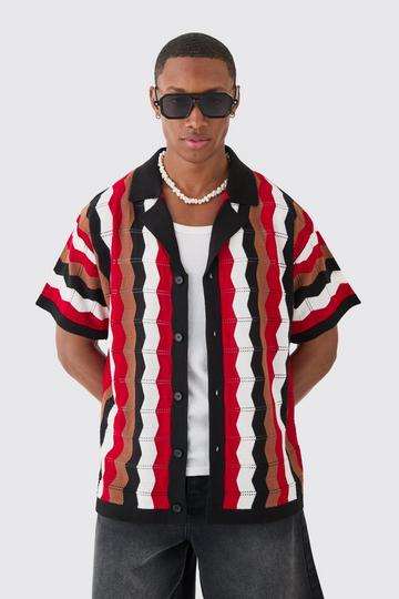 Red Oversized Boxy Revere Open Knit Stripe Shirt In Red
