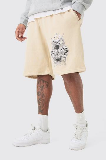 Plus Oversized Fit Gothic Print Jersey Shorts sand