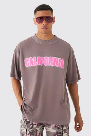 Oversized Extended Neck Acid Wash Distressed California T-shirt chocolate