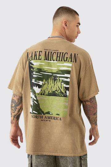Khaki Oversized Washed Lake Michigan Back Printed T-shirt