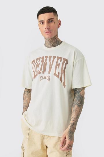 Tall Distressed Oversized Acid Wash Denver Varsity T-shirt ecru