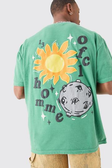 Green Oversized Floral Space Puff Print Wash T-shirt