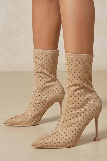 Diamante Heeled Sock Ankle Boots nude