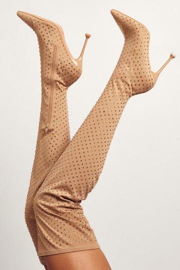 Diamante Heeled Sock Over The Knee Boots nude