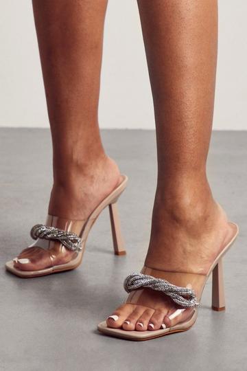 Diamante Knot Clear Heeled Mules nude