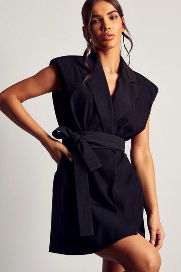 Black Premium Tailored Sleeveless Belted Mini Dress