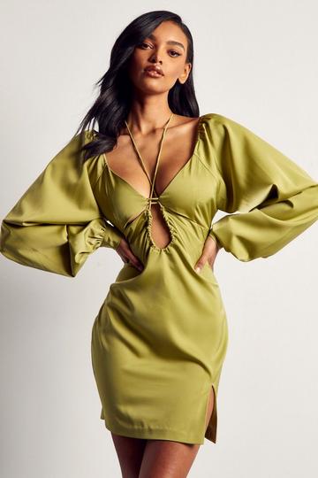 Olive Green Satin Strap Detail Cut Out Mini Dress