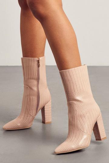 Croc Heeled Ankle Boots nude