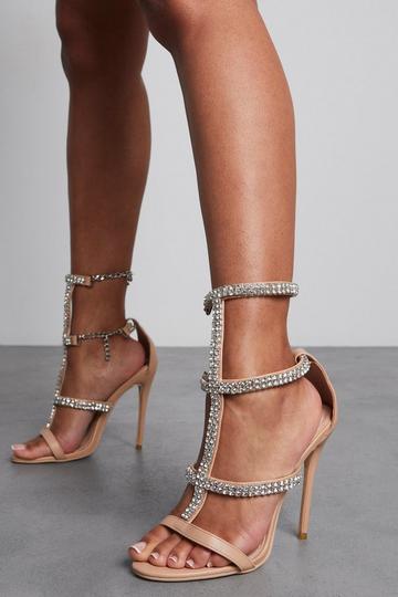Premium Diamante Caged High Heels nude