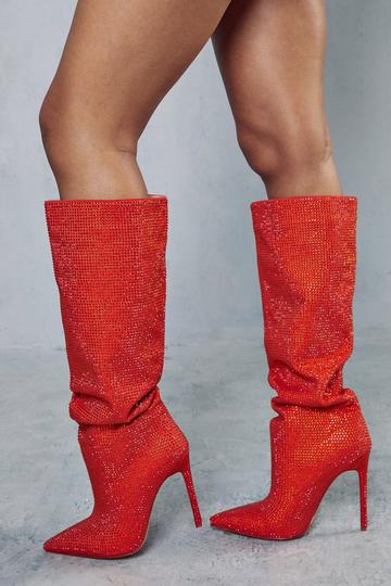 Orange Premium Diamante Heeled Knee High Boots