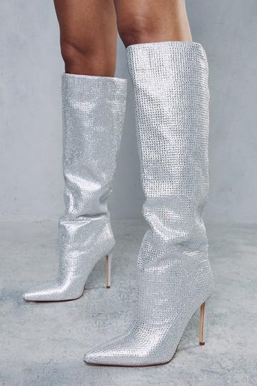 Silver Premium Diamante Heeled Knee High Boots