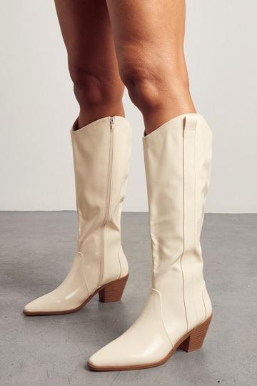 High Shine Knee High Cowboy Boots beige