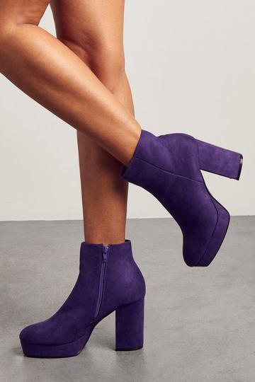 Purple Faux Suede Block Heel Platform Ankle Boot