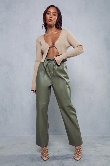 Leather Look Straight Leg Jogger Trousers olive