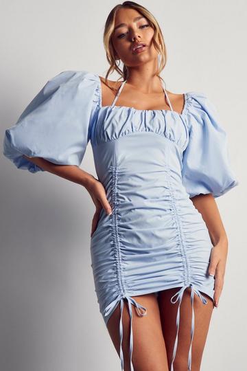 Extreme Puff Sleeve Ruched Mini Dress blue