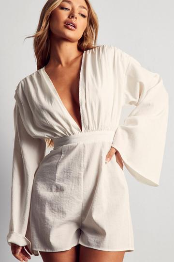 Linen Look Plunge Tie Back Playsuit white