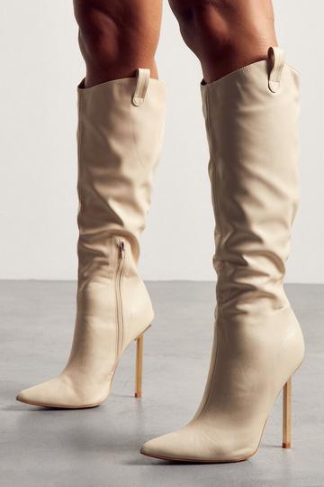 Knee High Metal Heeled Boots beige