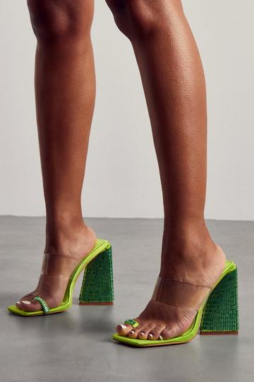 Diamante Statement Heel Clear Mules green