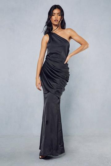 Black Montana Premium Satin Ruched Draped Maxi Dress