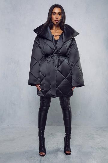 Black Belted Oversized Quilted Coat