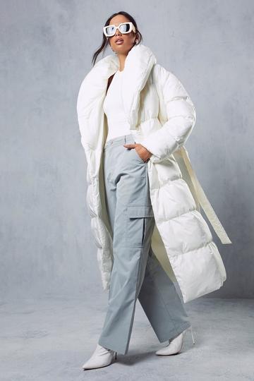 Cream White Longline Padded Collar Puffer Coat