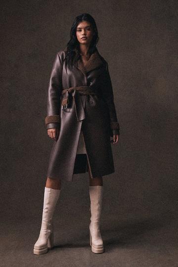 Brown Leather Look Belted Teddy Lined Coat
