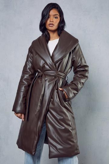 Brown Leather Look Padded Longline Coat