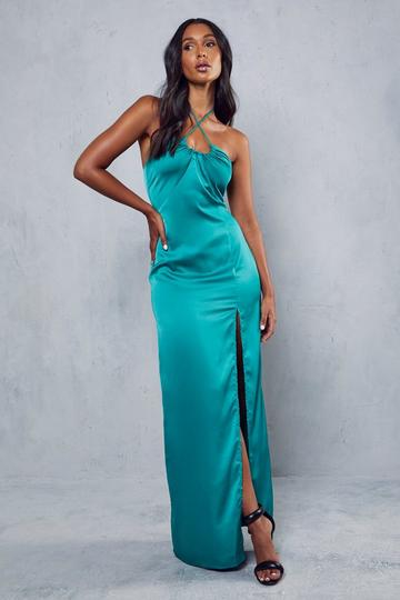 Premium Satin Halterneck Ruched Maxi Dress emerald