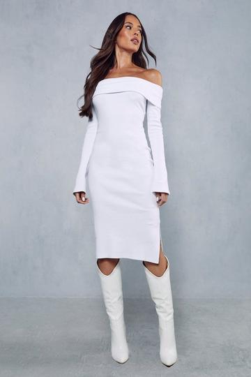 White Rib Off The Shoulder Long Sleeve Midi Dress