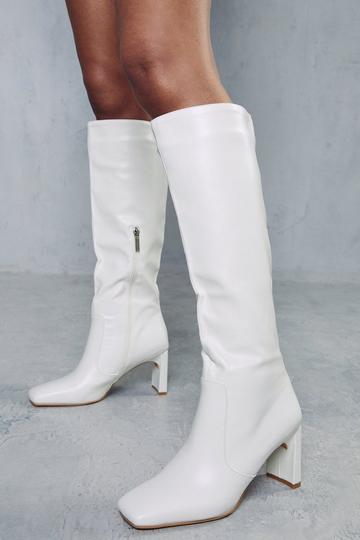 White Slim Heel Knee High Boots