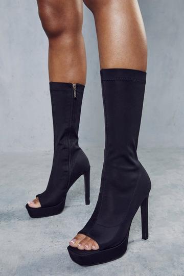 Black Stretch Platform Peep Toe Ankle Boot