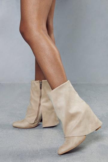 Stone Beige Faux Suede Folded Ankle Boots