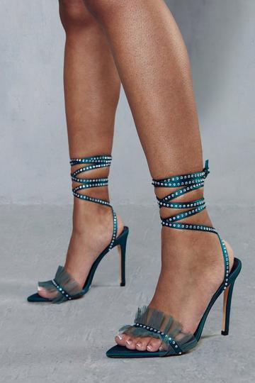 Mesh Detail Diamante Strappy Heels emerald