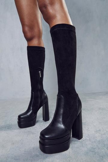 Black Extreme Platform Suede Mix Knee High Boot
