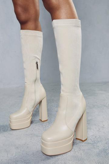 Cream White Platform Faux Suede Knee High Boots