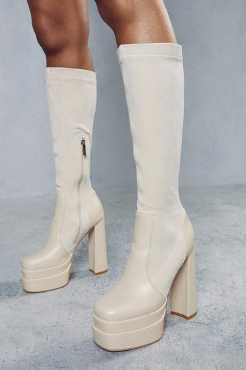Platform Faux Suede Knee High Boots cream