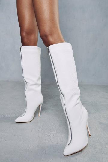 White Croc Zip Detail Knee High Boots