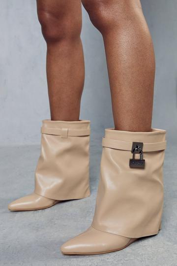 Nude Padlock Folded Wedge Ankle Boots