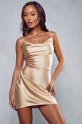 Jewelle Midi Dress - High Split Cowl Neck Satin Dress in Pearl