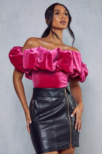 Velvet Extreme Ruffle Bardot Bodysuit hot pink
