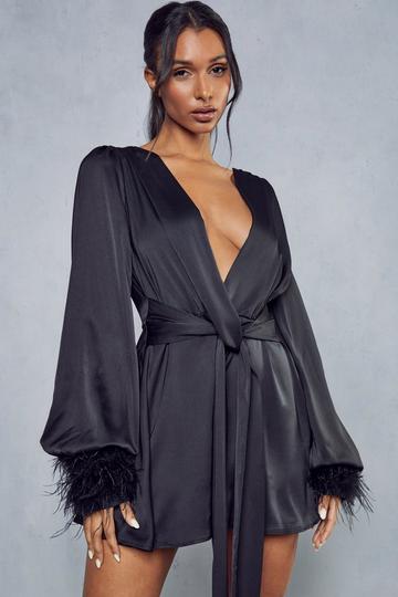 Satin Drape Feather Cuff Playsuit black