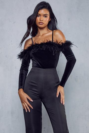 Premium Velvet Feather Bardot Bodysuit black