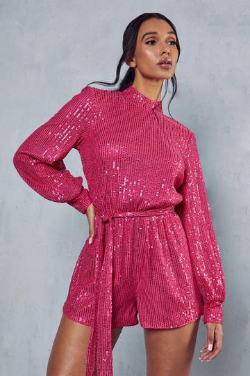 Sequin Open Back Belted Playsuit pink