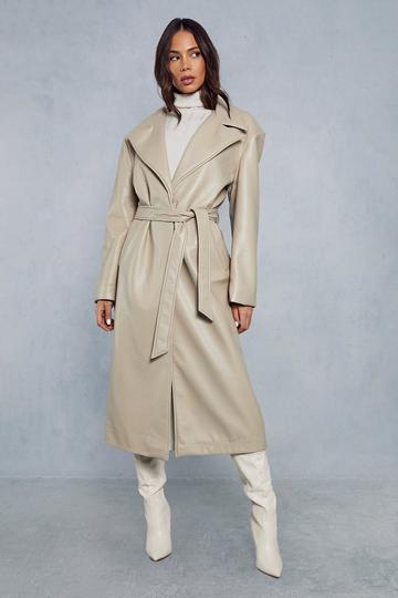Stone Beige Leather Look Belted Trench Coat