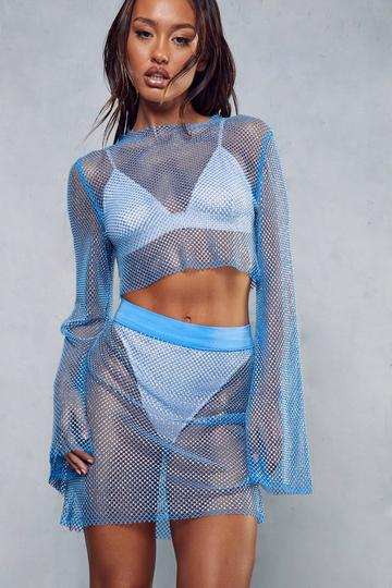 Diamante Mesh Two Piece Mini Skirt Co-ord blue