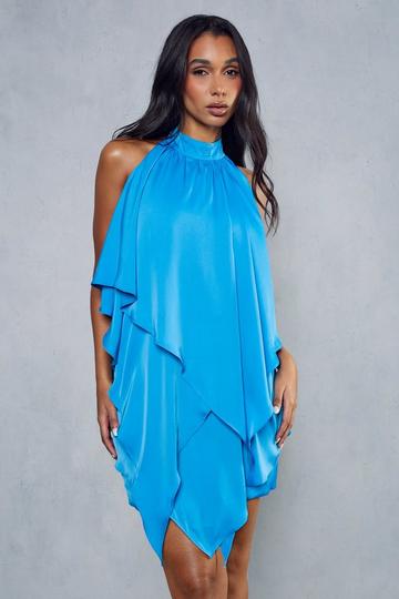 Satin Layered Diamante Chain Backless Cowl Mini Dress blue