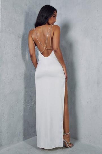 Premium Satin Cowl Neck Diamante Backless Maxi Dress ivory