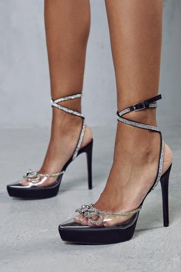 Bow Diamante Platform Strappy Heels black