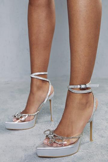 Silver Bow Diamante Platform Strappy Heels